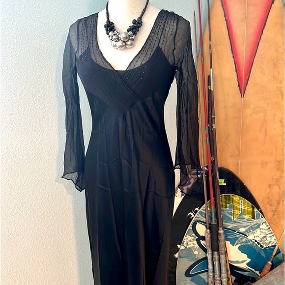 VTG Lillie Rubin,Chiffon Upper,Silky Black Satin Dress,Gorgeous Sheer Sleeves,8M - Picture 3 of 15